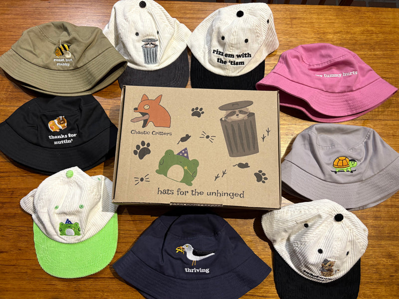 Collection of various hats with different designs on a table with a chaotic critters box